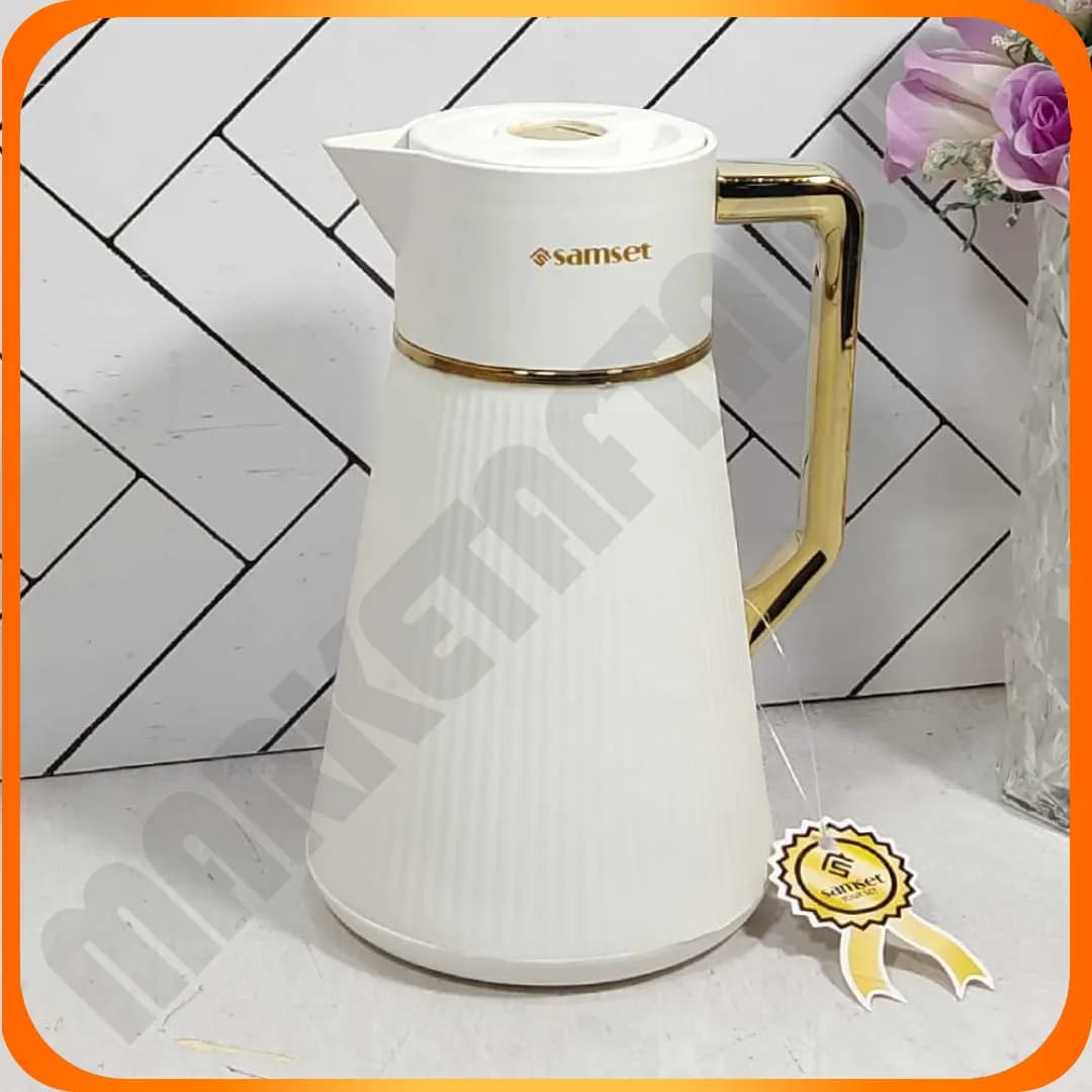 40120040 فلاکس 1 لیتر سفید دسته طلایی شیشه سفید سام ست