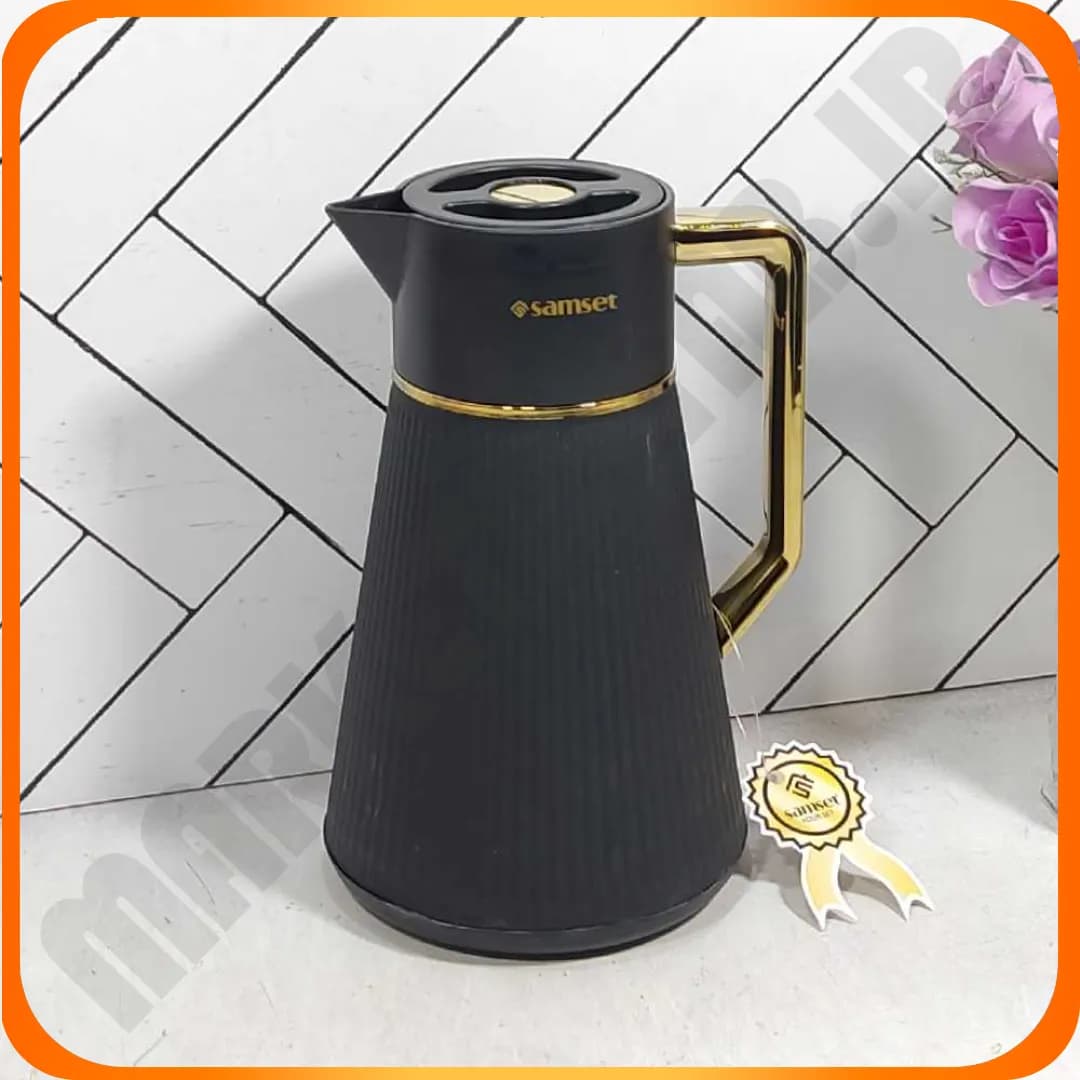 40120038 فلاکس مشکی دسته طلایی شیشه سفید سام ست