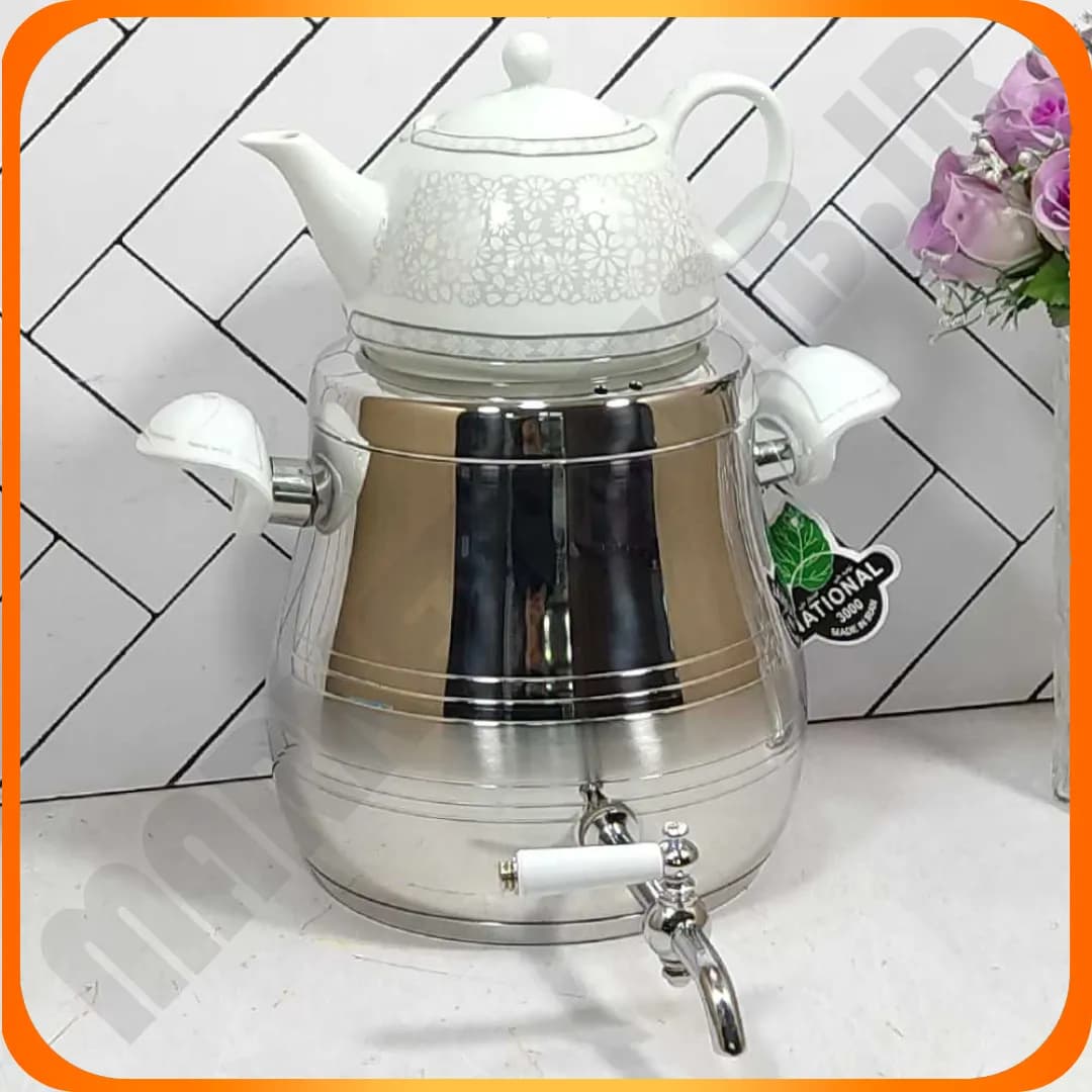 کتری قوری استیل مدل آتنا دسته باکالیت سفید ناسیونال