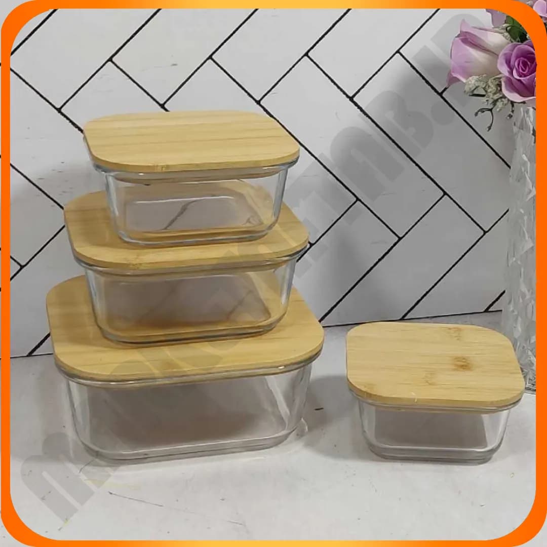 ظرف 4 تکه مربع شیشه ای درب چوبی LOCK FRESH