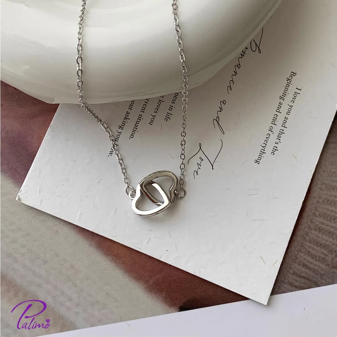 گردنبند نقره دو قلب در هم N2152 با روکش طلای سفید — تصویر ۵