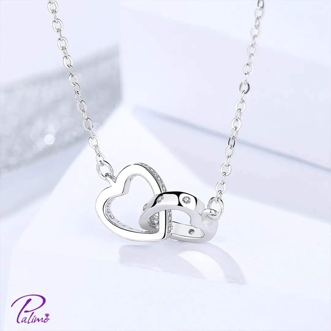 گردنبند نقره دو قلب در هم N2152 با روکش طلای سفید — تصویر ۳