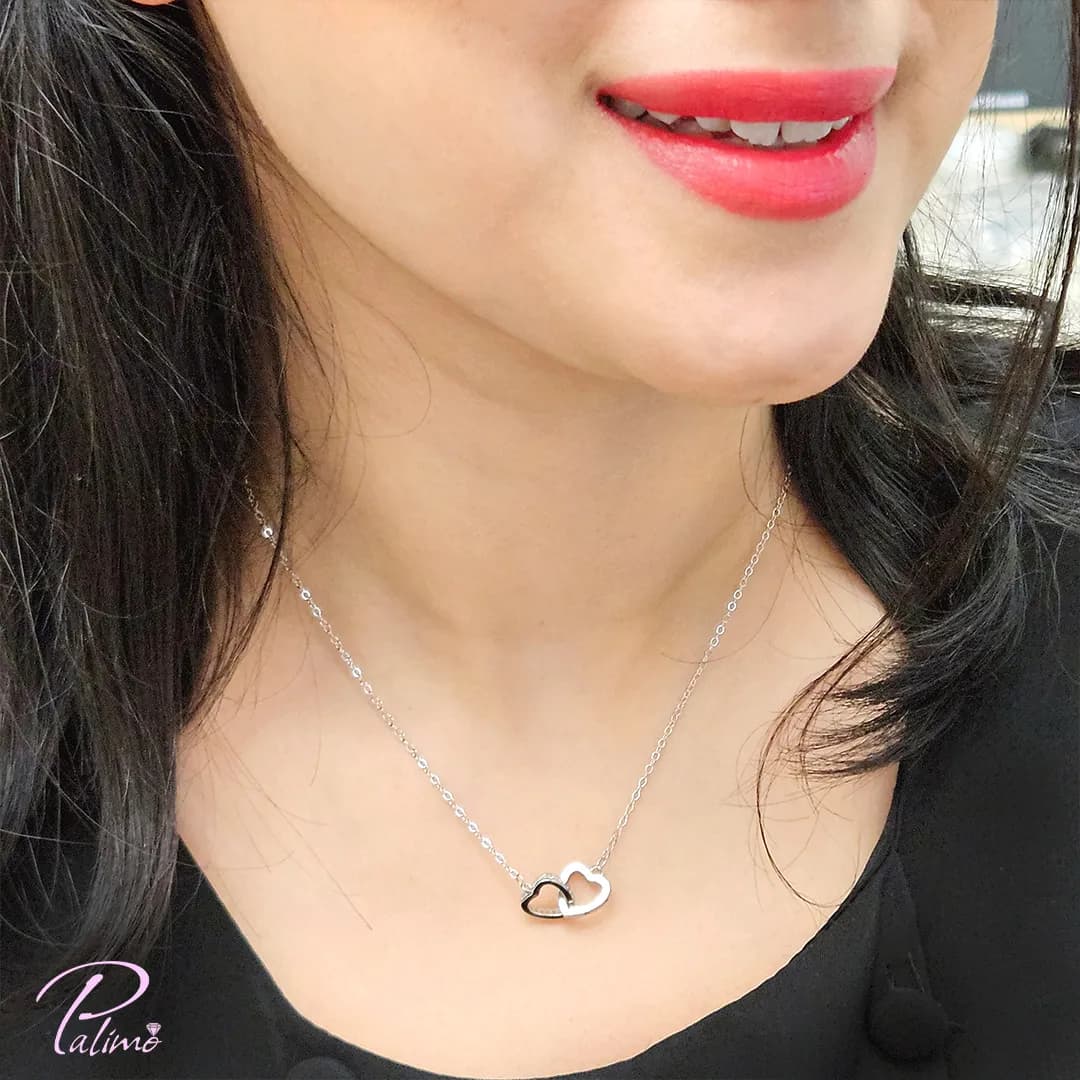 گردنبند نقره دو قلب در هم N2152 با روکش طلای سفید — تصویر ۲