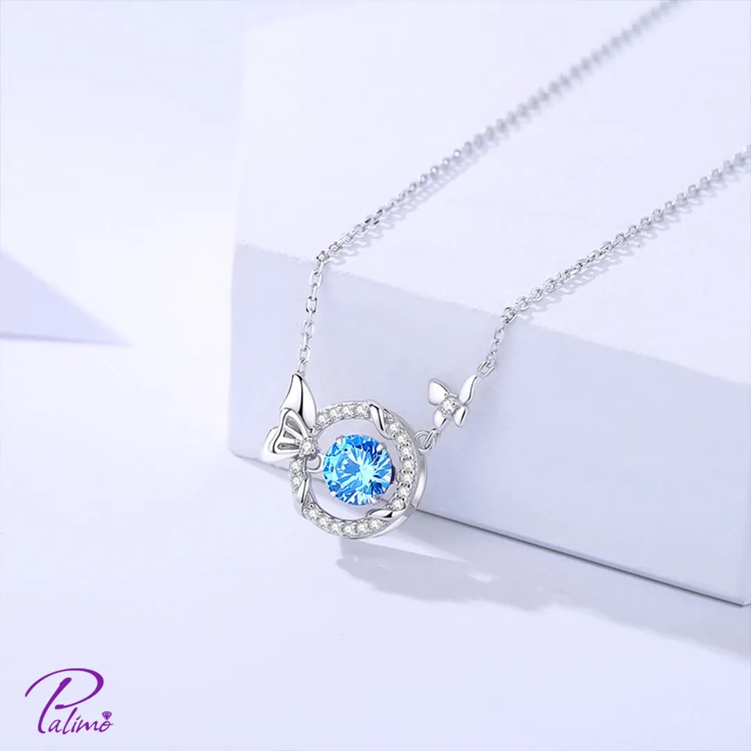 گردنبند نقره پروانه حلقه آبی کد N2145 با روکش طلای سفید — تصویر ۳