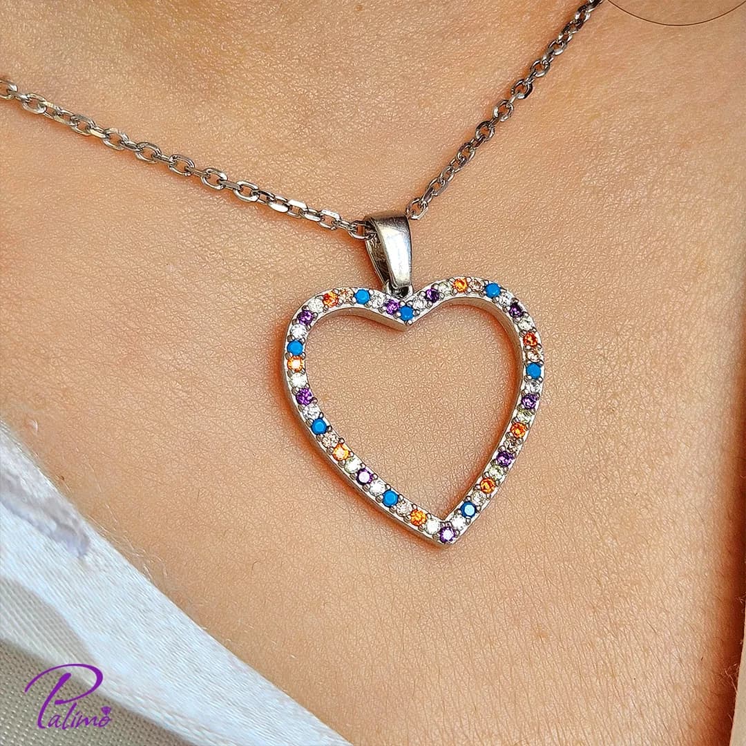 نیم ست نقره قلب رنگی کد H2114 با روکش طلای سفید با زنجیر — تصویر ۴