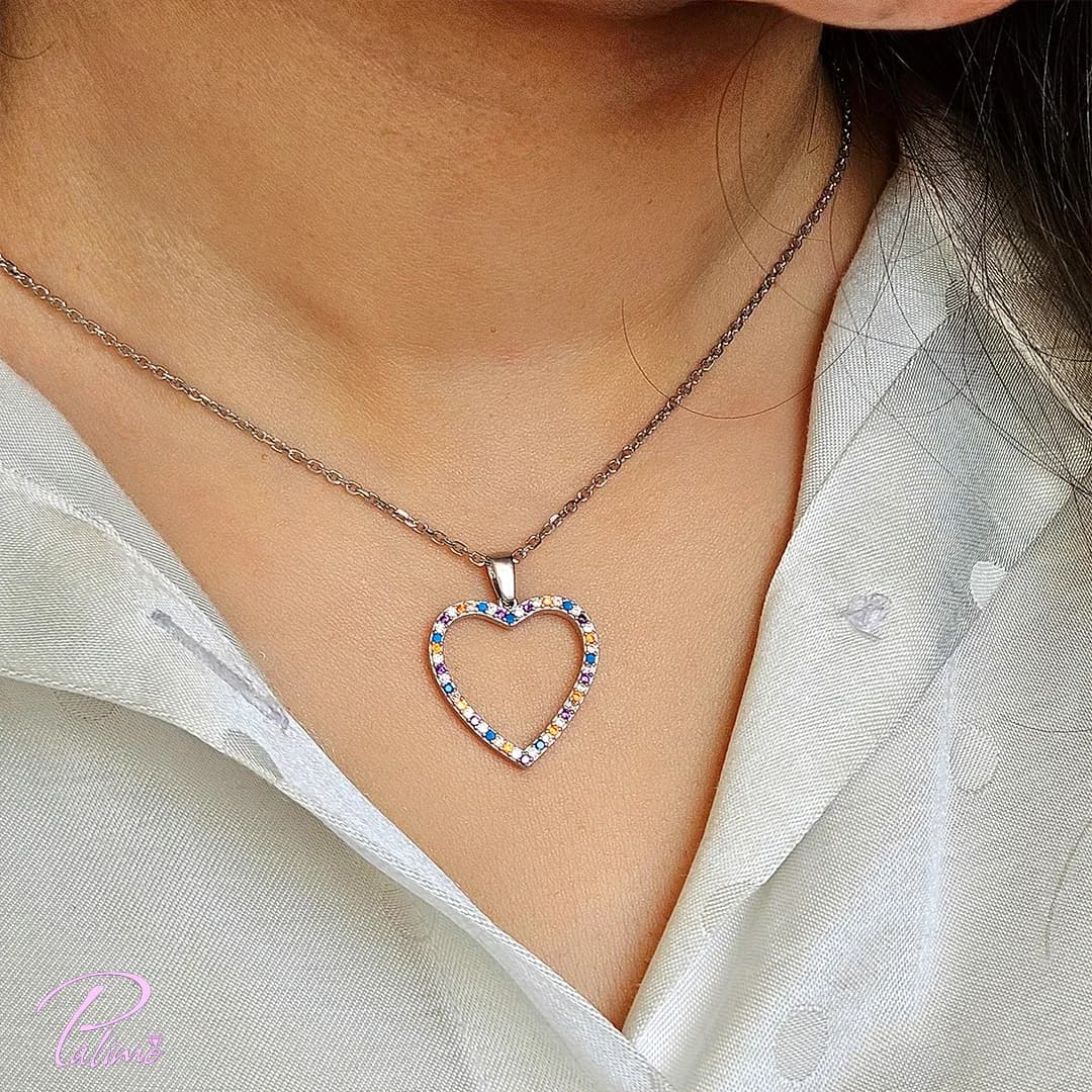 نیم ست نقره قلب رنگی کد H2114 با روکش طلای سفید با زنجیر — تصویر ۲