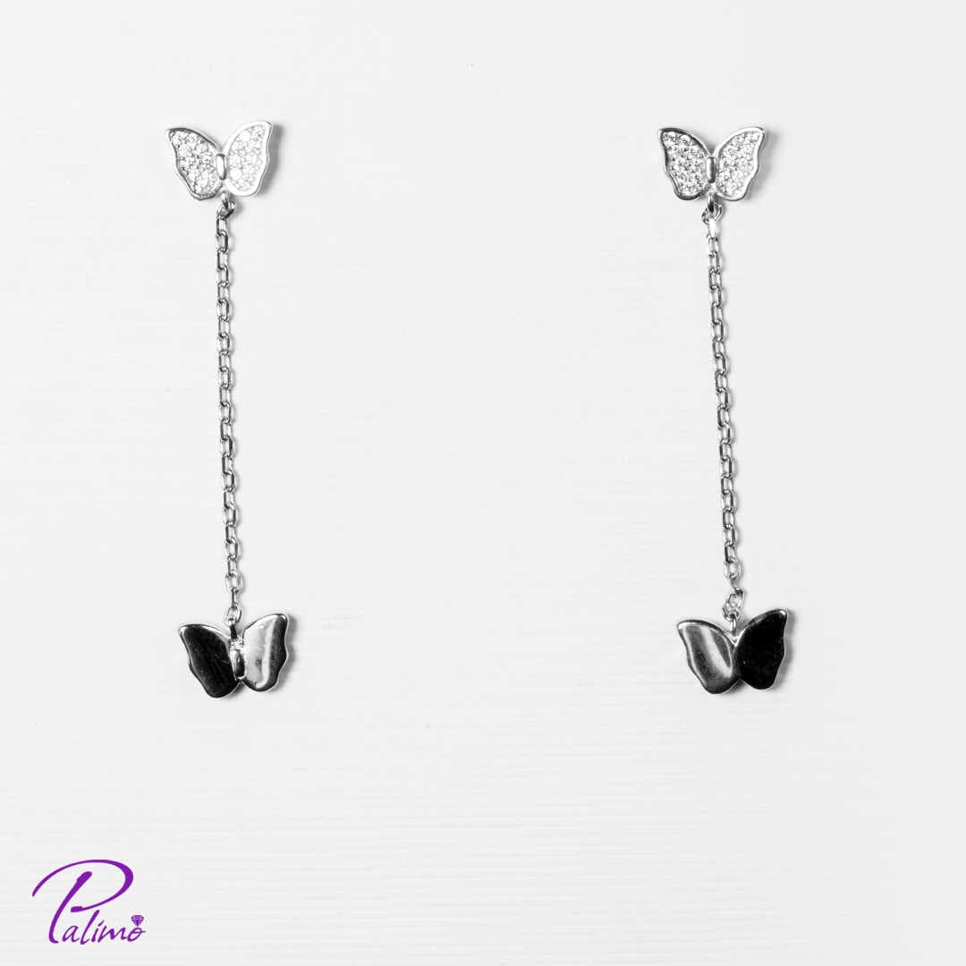 گوشواره نقره آویز پروانه کد E2094 با روکش طلای سفید