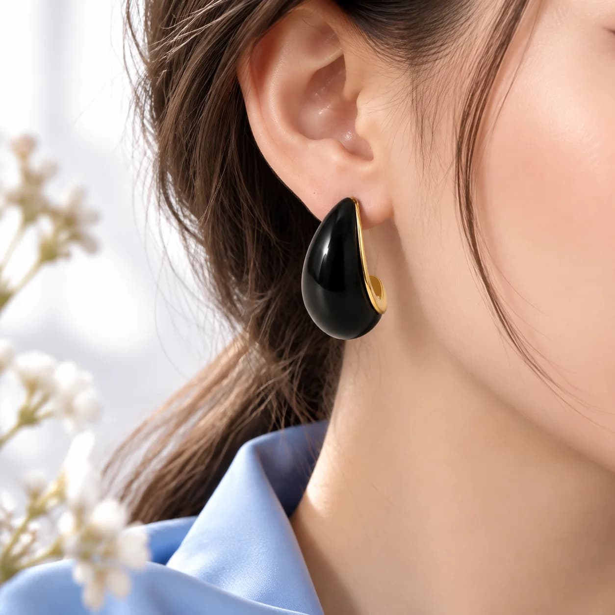 گوشواره اشکی مشکی طلایی استیل زنانه