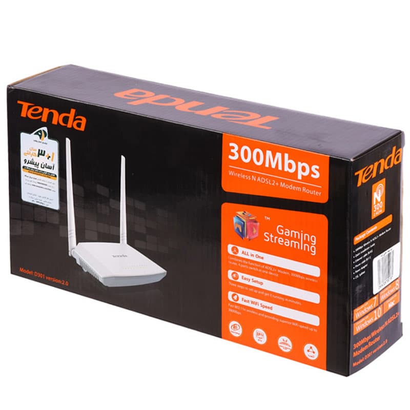 مودم روتر 2 آنتن Tenda D301 V2 ADSL2+ N300 300Mbps