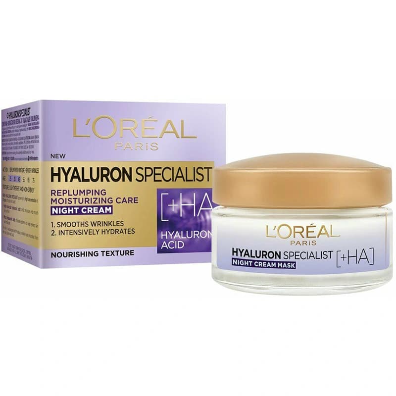 کرم شب آبرسان و ماسک شبانه پرکننده خطوط لورآل پاریس Hyaluron Expert حجم ۵۰ میلی‌لیترL’Oréal Paris Hyaluron Expert Night Cream Mask 50ml