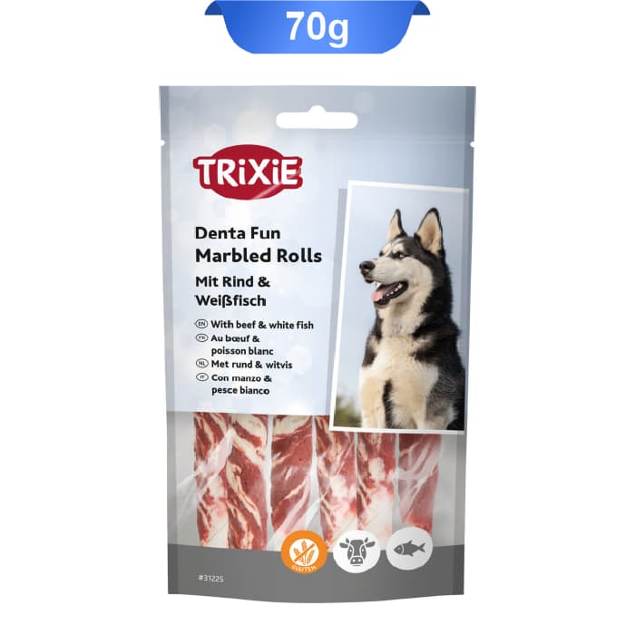 تشویقی دندانی سگ تریکسی دورپیچ گوشت گاو و ماهی سفید وزن 70 گرم Trixie Denta Fun Marbled Rolls