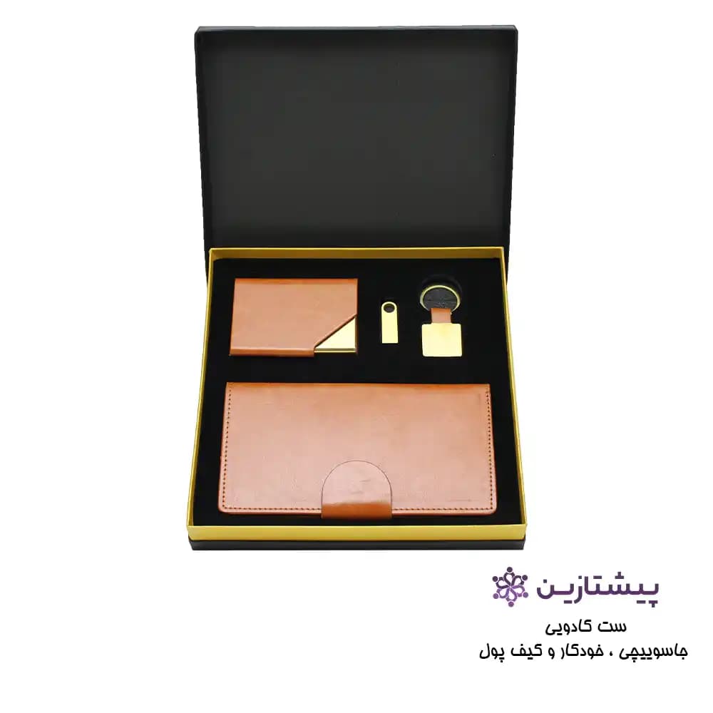 ست هدیه فلش کیف جاکارتی جاسوییچی چرم مصنوعی مدل S36 — تصویر ۲