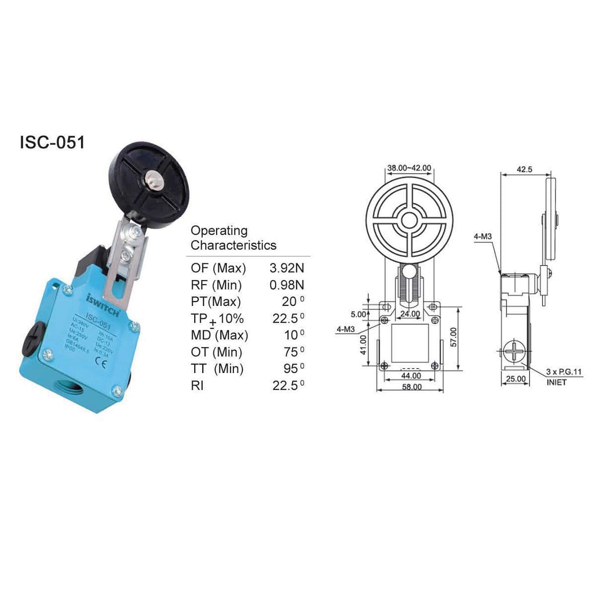 لیمیت سوئیچ اهرمی ISC051 با غلطک بزرگ آی سوئیچ الکتریک (بسته ی 10 عددی) — تصویر ۲