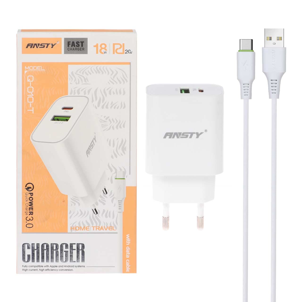 شارژر دیواری فست و PD دو پورت ANSTY مدل Q-010-T 20W به همراه کابل شارژ Type-C (گارانتی 6 ماهه )