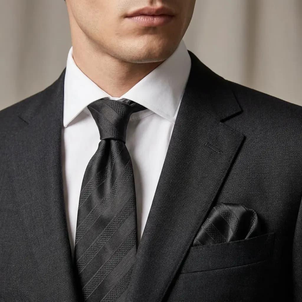 کراوات و پوشت دستدوز طرح خط اریب هرینگبون برند Massimo Dutti — تصویر ۳
