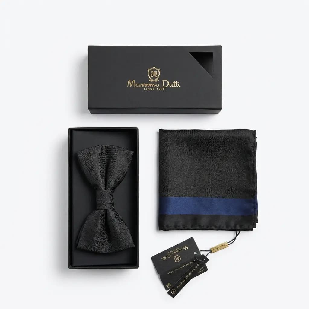 ست پاپیون و پوشت طرح فلورال مشکی برجسته برند Massimo Dutti