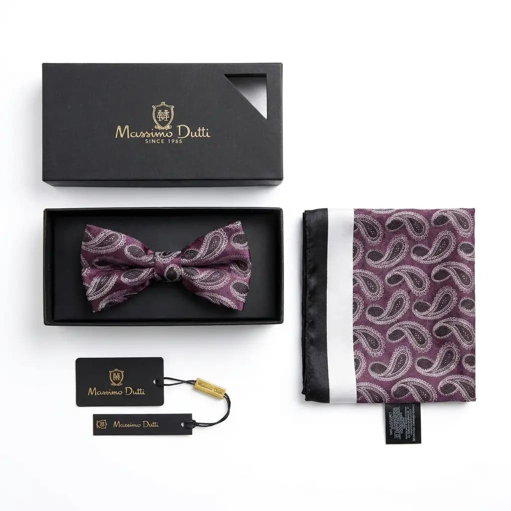 ست پاپیون و پوشت طرح جقه بنفش نقره ای برند Massimo Dutti