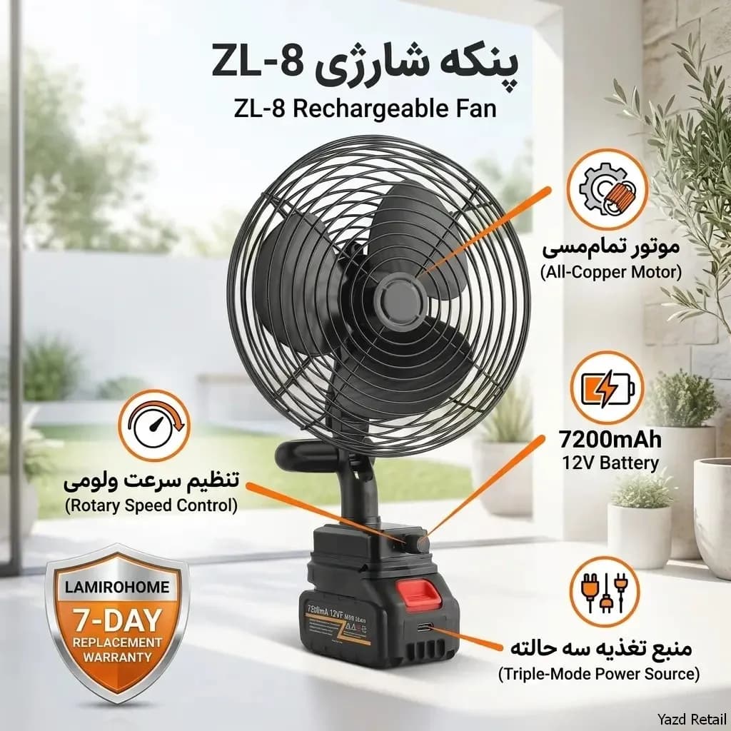 پنکه شارژی لیتیومی مدل ZL-8 مشکی — تصویر ۴