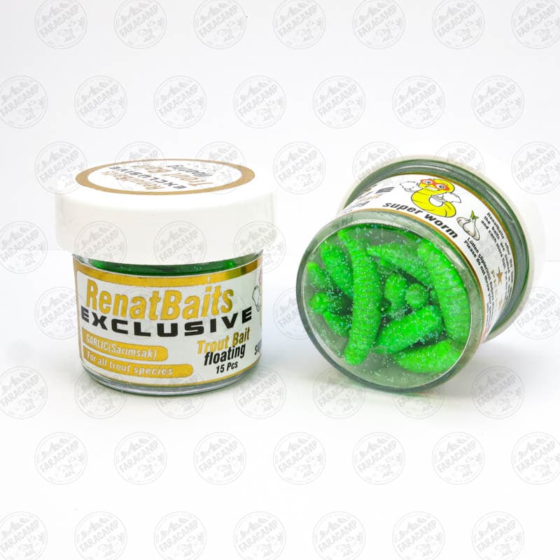طعمه مصنوعی کرم شناور سبز طعم دار(سیر) رنات بیت بسته ۱۵ عددی RENAT BAITS SUPER WORM