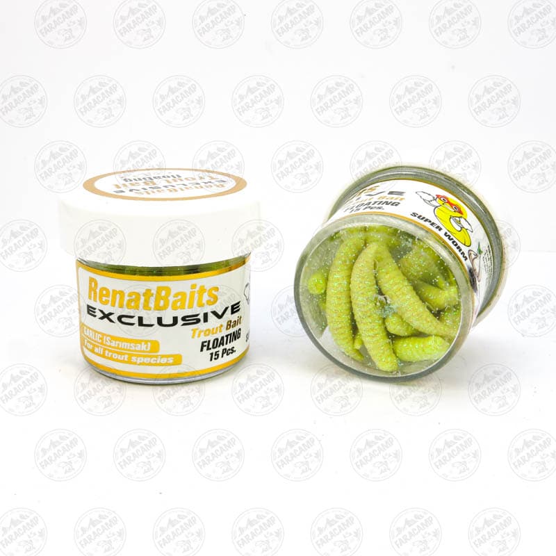 طعمه مصنوعی کرم شناور سبز کم رنگ طعم دار(سیر) رنات بیت بسته ۱۵ عددی RENAT BAITS SUPER WORM