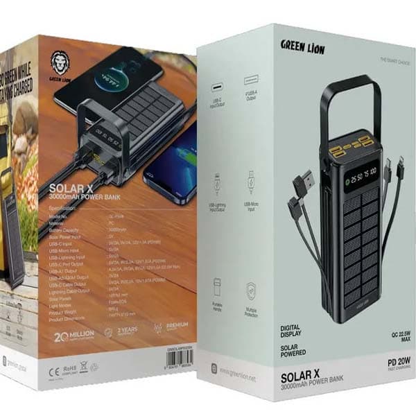 پاوربانک خورشیدی گرین لاین مدل Solar X ظرفیت 30 هزار میلیآمپر با شارژ سریع ۲۲.۵ وات