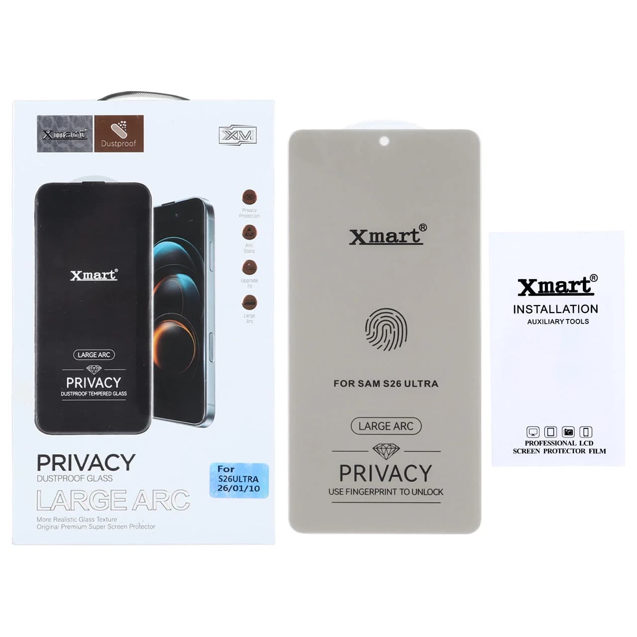 محافظ صفحه نمایش شیشه ای بدون حاشیه Xmart Privacy 3D Large Arc مدل Samsung Galaxy S26 Ultra (پک دار)