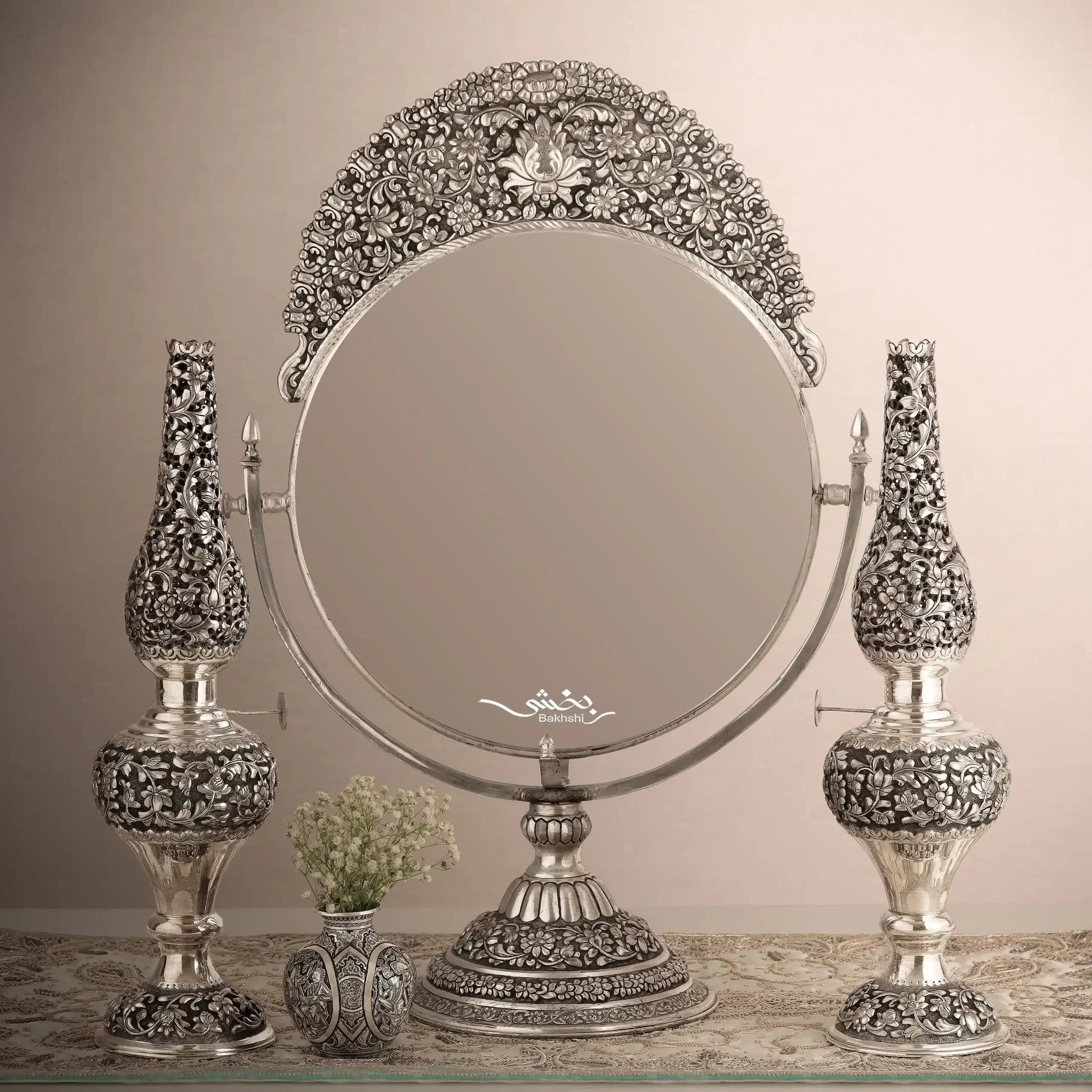ست آینه نقره گهواره ای و چراغ گل برجسته درجه یک