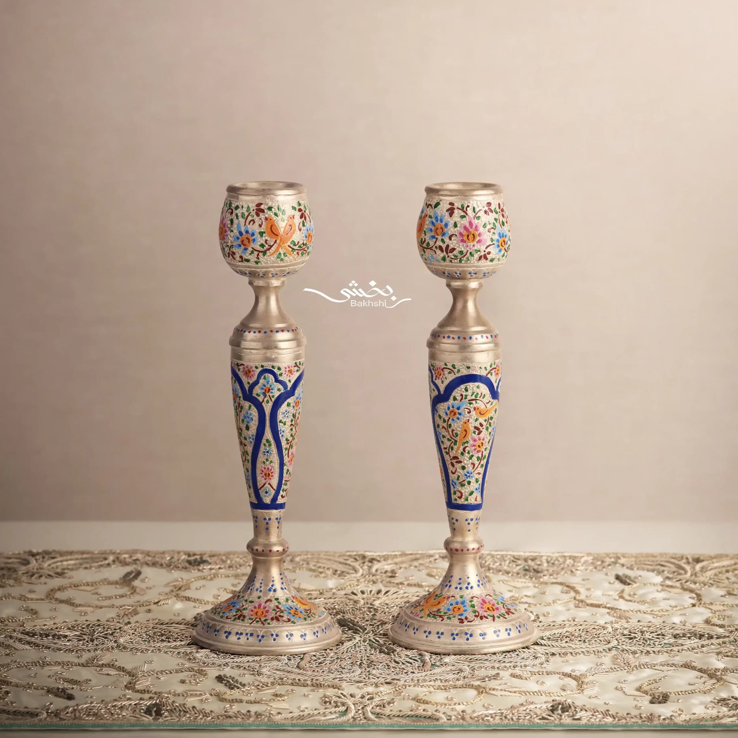شمعدان نقره تک شاخه میناکاری