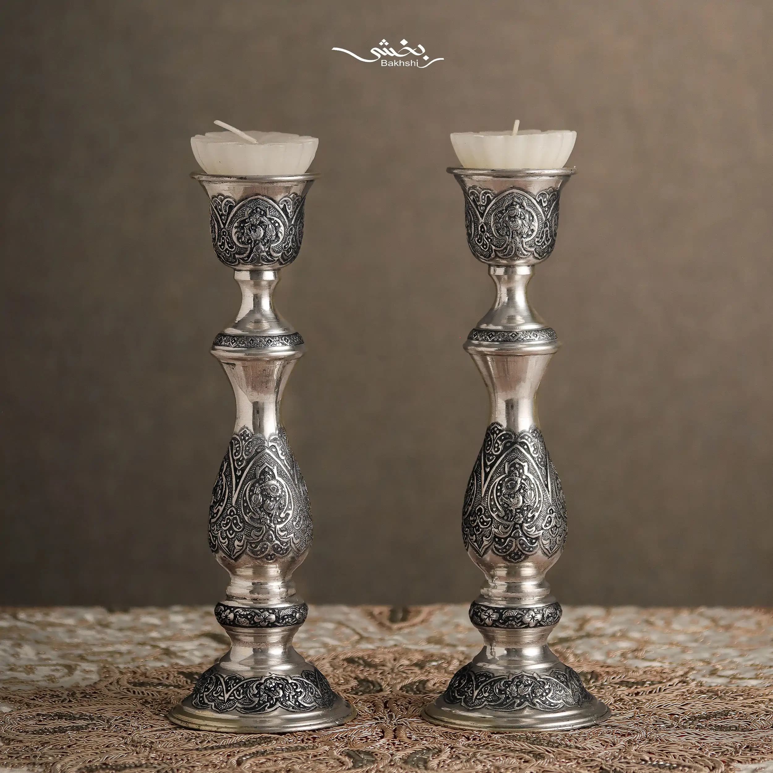 شمعدان نقره قلم گل و مرغ اعلا