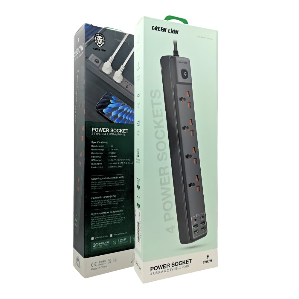 چند راهی برق گرین لاین مدل 4 USB – نوع A و 2 پورت C 2 متری 2500 وات