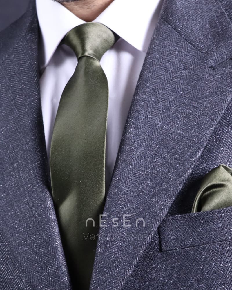 کراوات و دستمال جیب مردانه سبز یشمی ساده ساتن