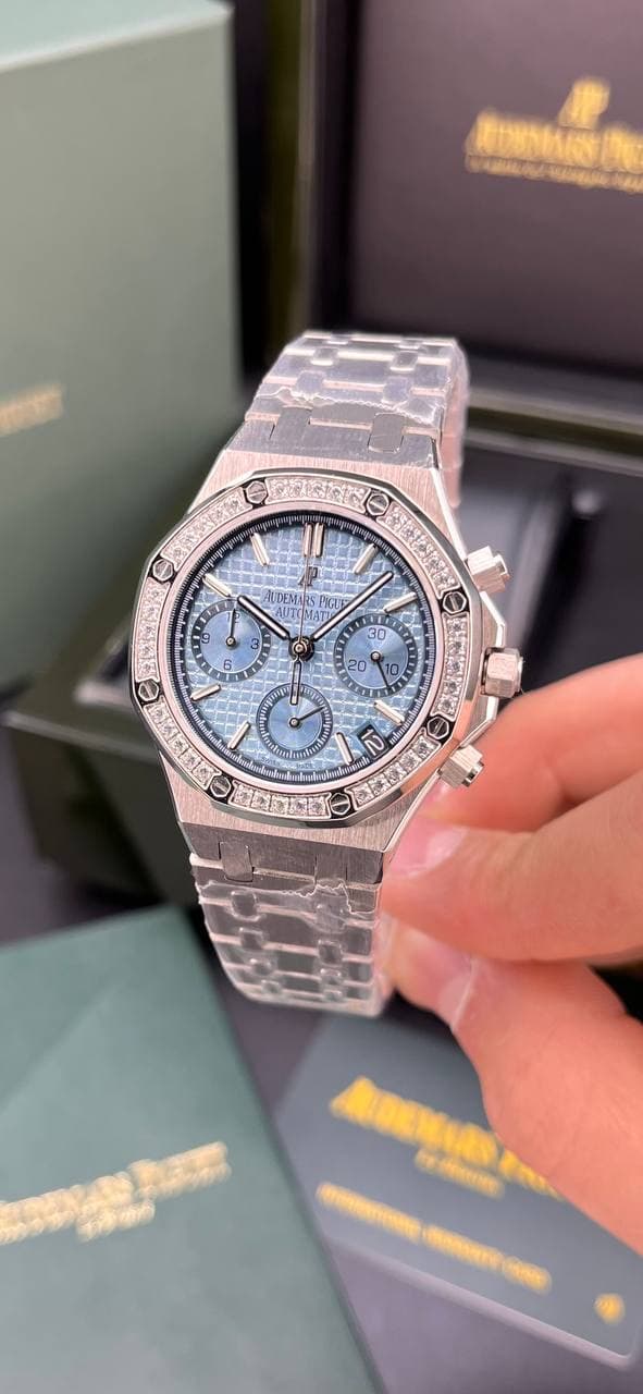 ساعت مچی اودمار پیگه رویال اوک | Audemars Piguet Royal Oak chornograph | نقره ای صفحه آبی آسمانی مستر کوالیتی