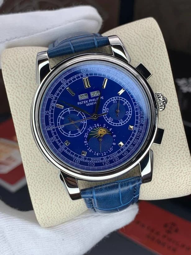 ساعت مچی پتک فیلیپ تقویم دائمی | Patek Philippe Perpetual Calendar | نقره ای صفحه آبی رپلیکا ایتالیا