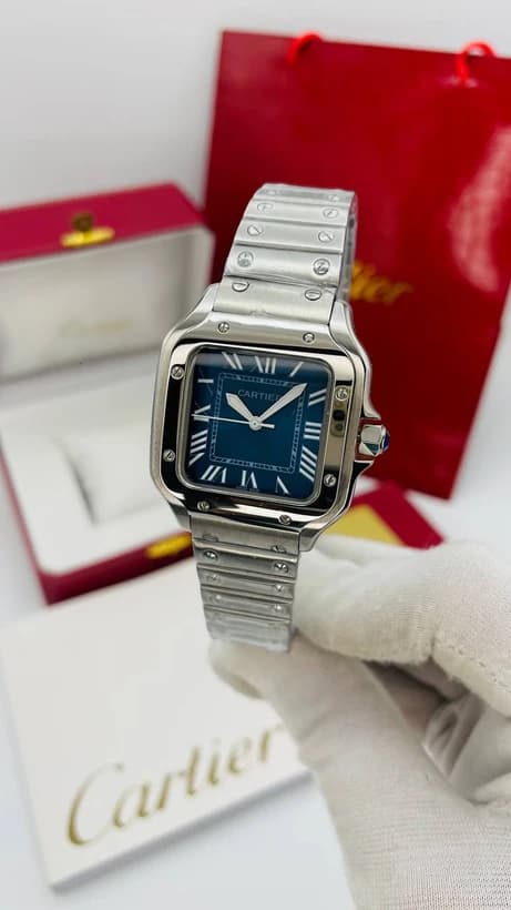ساعت مچی کارتیه سانتوس | Cartier Santos | نقره ای صفحه آبی رپلیکا ایتالیا