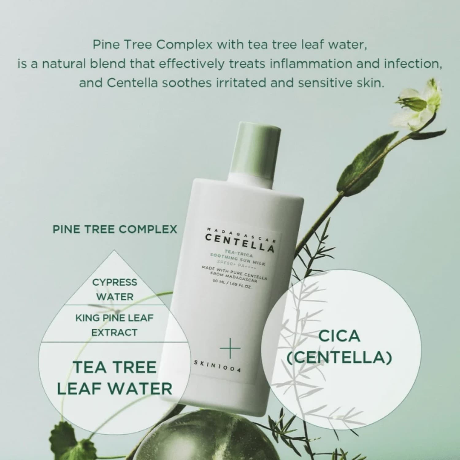 ضد آفتاب تسکین دهنده سنتلا CENTELLA مدل tea-trica soothing sun milk spf 50 سبز اسکین ۱۰۰۴ — تصویر ۲