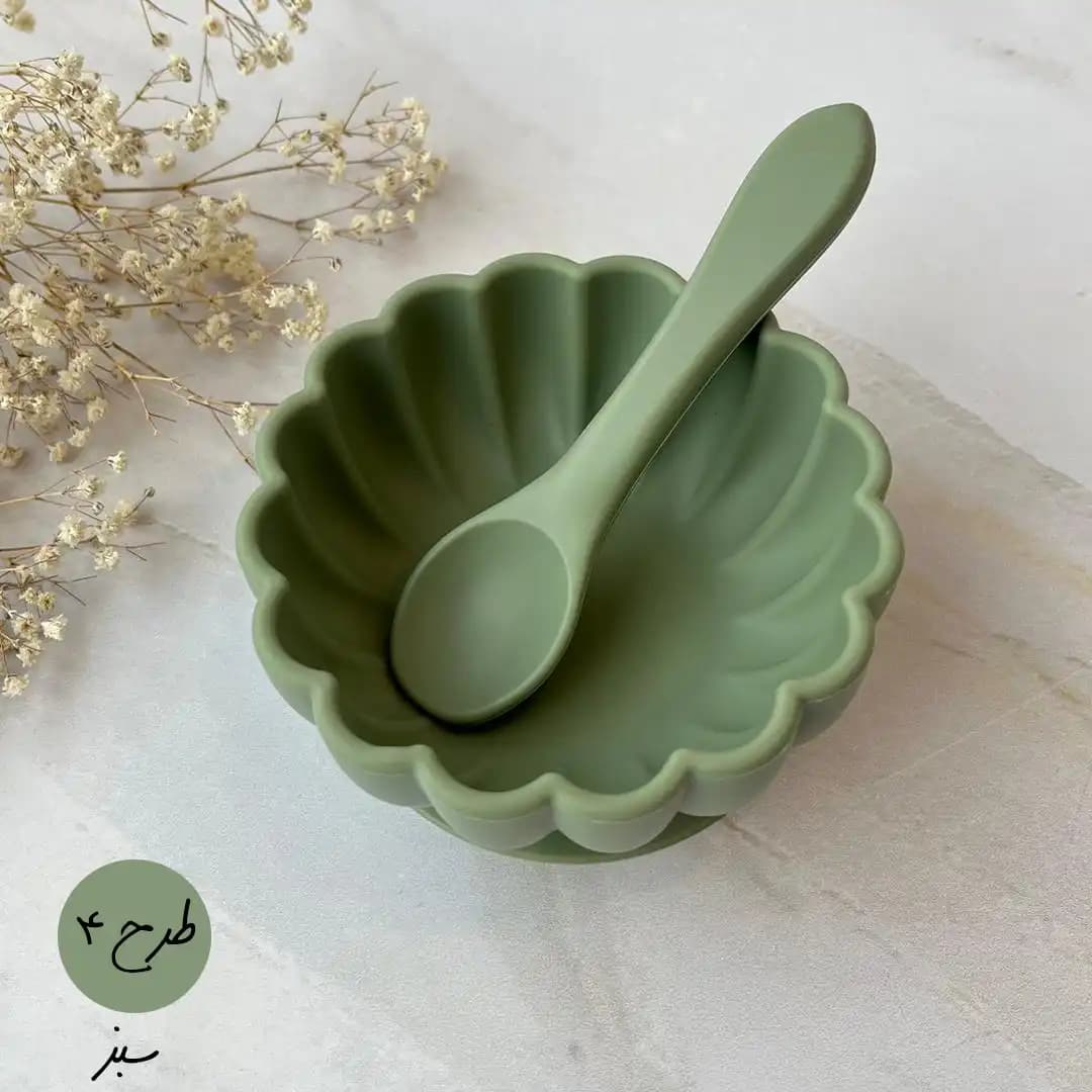 ست کاسه و قاشق تمام سیلیکونی غذاخوری کودک طرح گل — تصویر ۶
