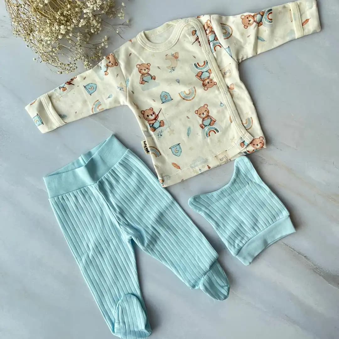 ست لباس نوزادی ۳ تکه ترک طرح خرس بلوز شلوار نوزادی Baby Can