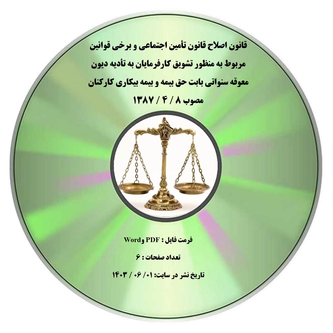 قانون اصلاح قانون تأمین اجتماعی و برخی قوانین مربوط به منظور تشویق کارفرمایان به تأدیه دیون معوقه سنواتی بابت حق بیمه و بیمه بیکاری کارکنان مصوب 8 / 4 / 1387