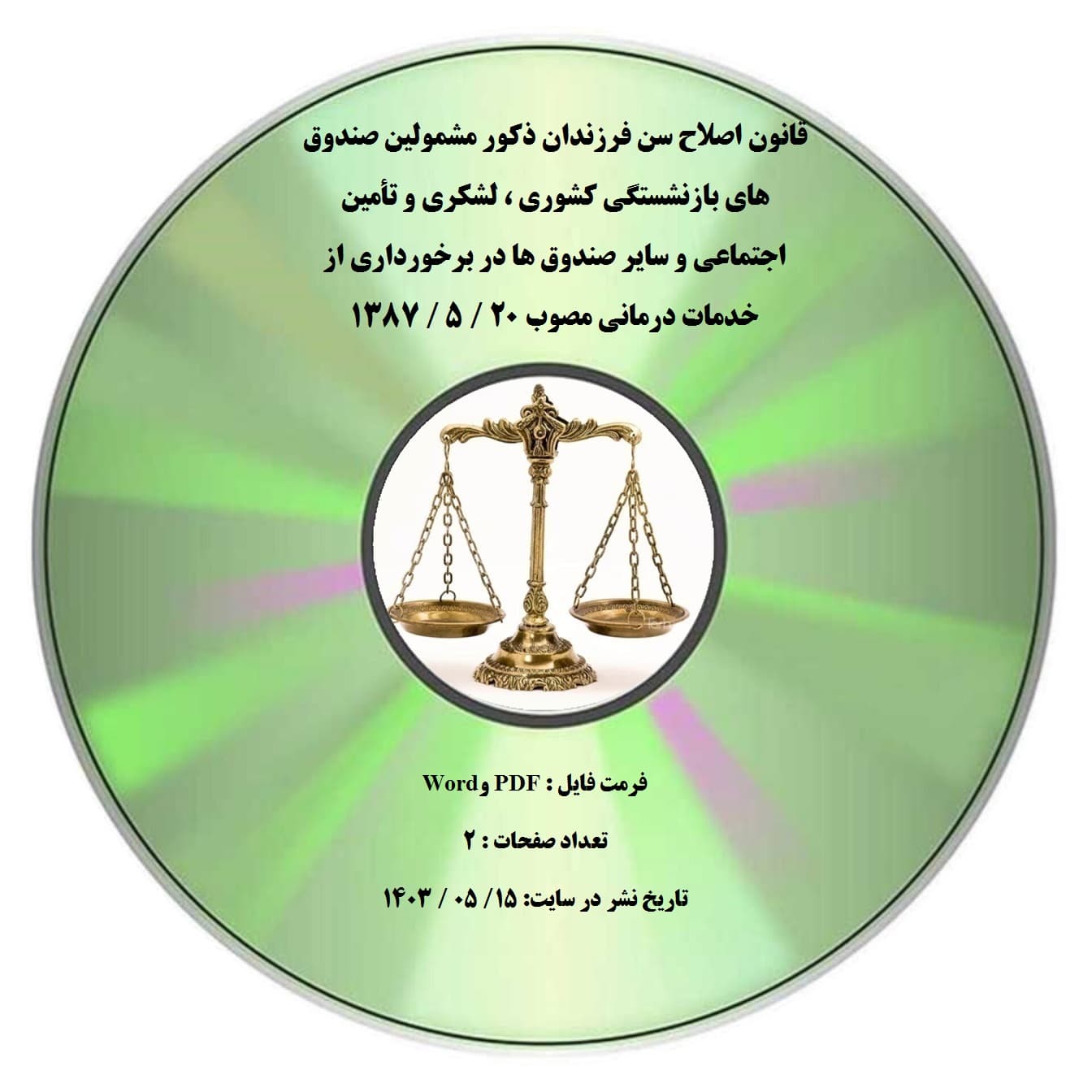 قانون اصلاح سن فرزندان ذکور مشمولین صندوق های بازنشستگی کشوری ، لشکری و تأمین اجتماعی و سایر صندوق ها در برخورداری از خدمات درمانی مصوب 20 / 5 / 1387