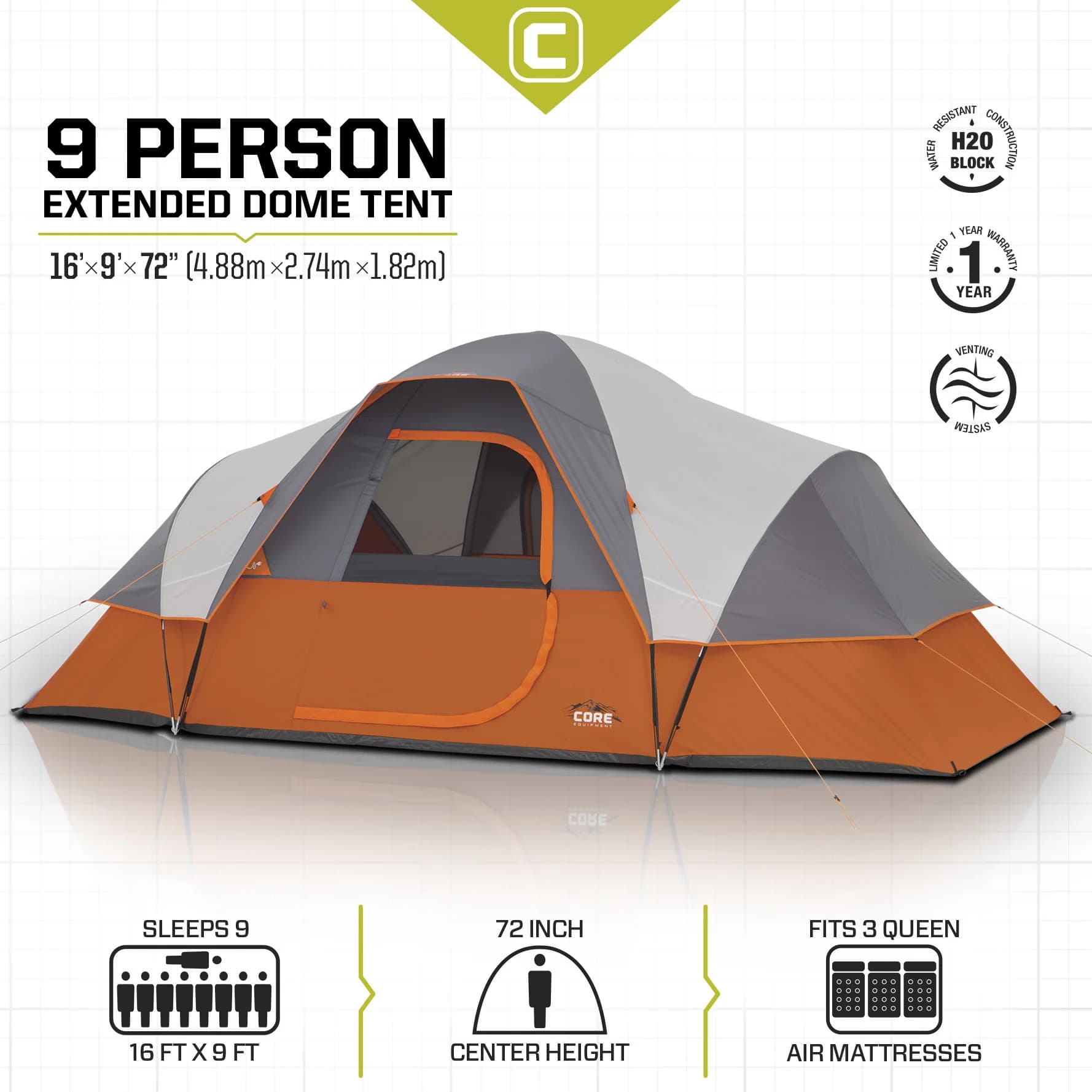 چادر کر – 9 نفره کمپینگ Core 9 Person Extended Dome Tent — تصویر ۳