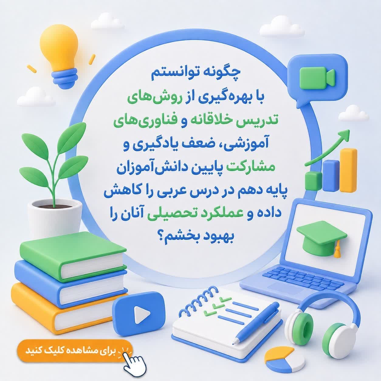 چگونه توانستم با بهره‌گیری از روش‌های تدریس خلاقانه و فناوری‌های آموزشی، ضعف یادگیری و مشارکت پایین دانش‌آموزان پایه دهم در درس عربی را کاهش داده و عملکرد تحصیلی آنان را بهبود بخشم؟