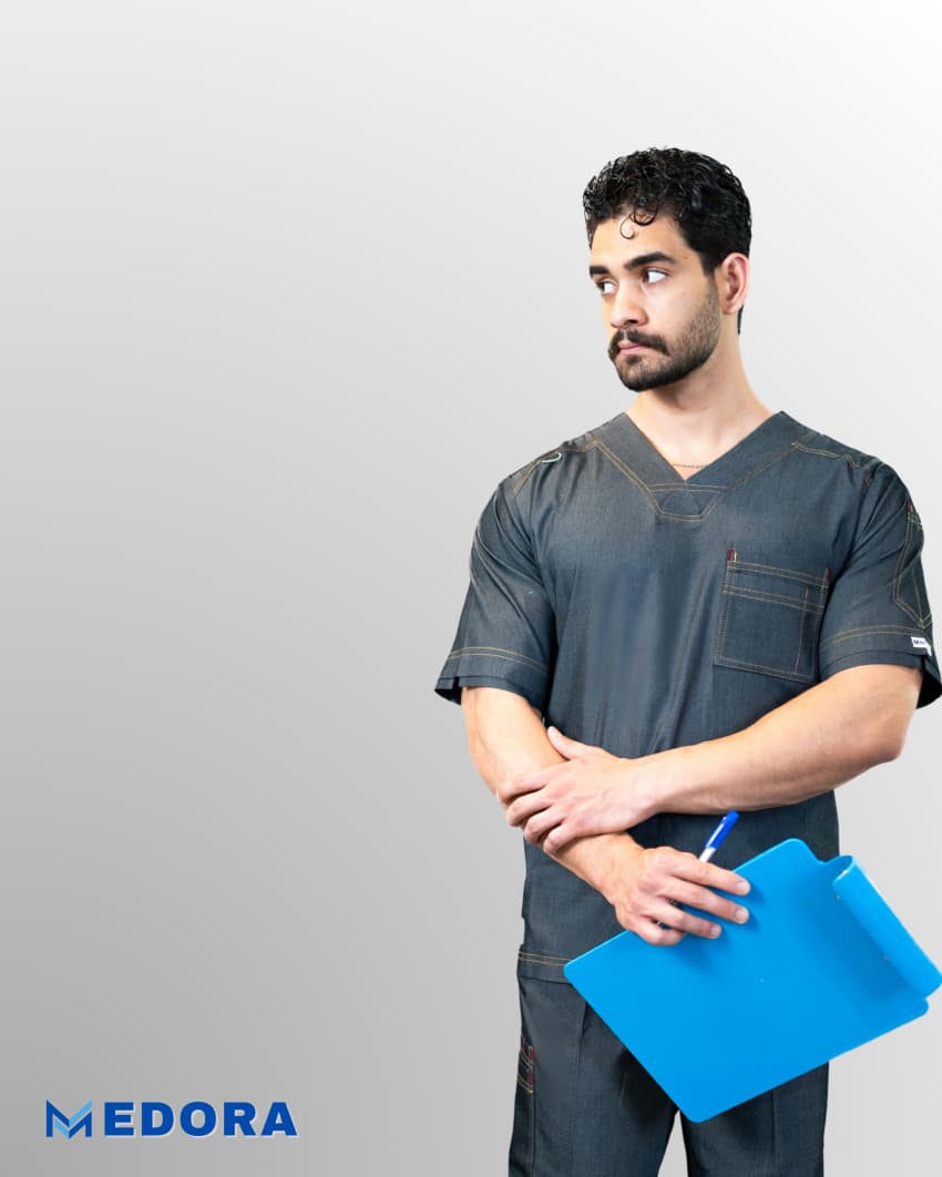 اسکراب شلوار پزشکی FLEX+ رنگ ذغالی پارچه تمام نخ طرح جین