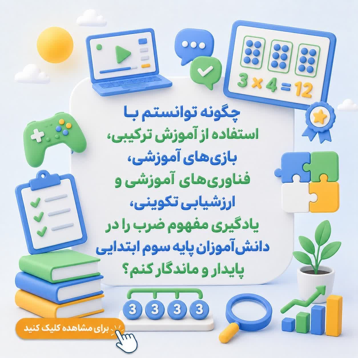 چگونه توانستم با استفاده از آموزش ترکیبی، بازی‌های آموزشی، فناوری‌های آموزشی و ارزشیابی تکوینی، یادگیری مفهوم ضرب را در دانش‌آموزان پایه سوم ابتدایی پایدار و ماندگار کنم؟