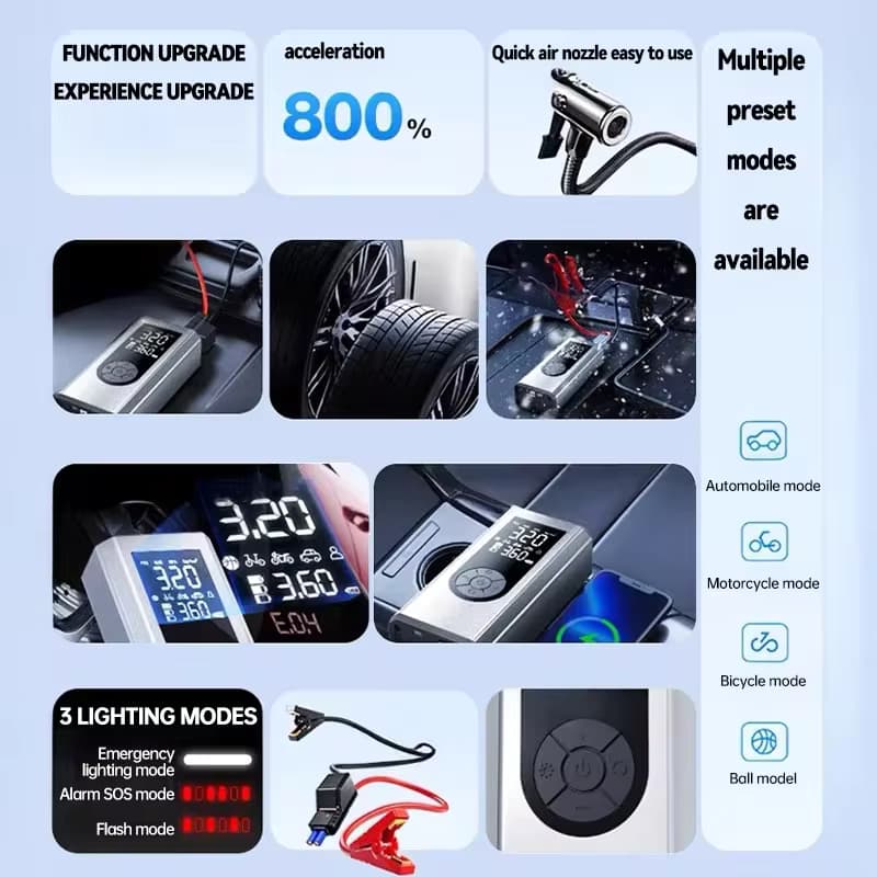پمپ باد هوشمند خودرو با جامپ استارتر، پاوربانک و چراغ قوه اضطراری SUITU مدل ST-9652 — تصویر ۷