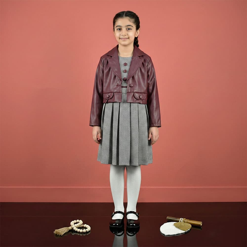 کت چرم و سارافون دخترانه زرشکی کد 11238