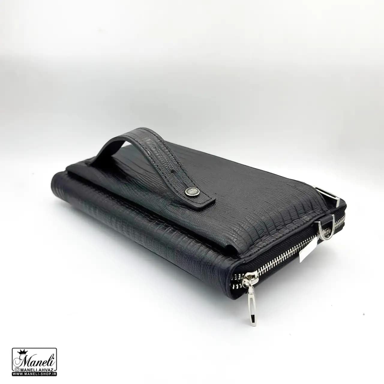 کیف دستی و دوشی چرم طبیعی مشکی کروکودیلی — تصویر ۶