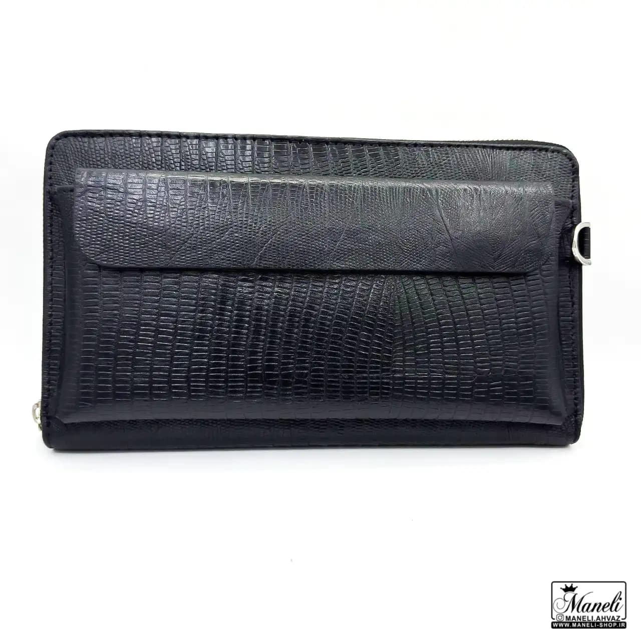 کیف دستی و دوشی چرم طبیعی مشکی کروکودیلی — تصویر ۸