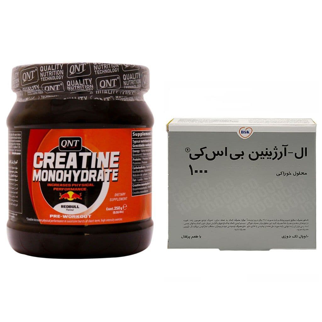 پودر کراتین مونوهیدرات کیو ان تی ۲۵۰ گرم (QNT) + ویال ال آرژنین 1000 بی اس کی
