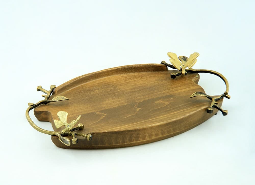 سینی پذیرایی چوبی بیضی کوچک مدل دسته فلزی کد G-062 — تصویر ۵