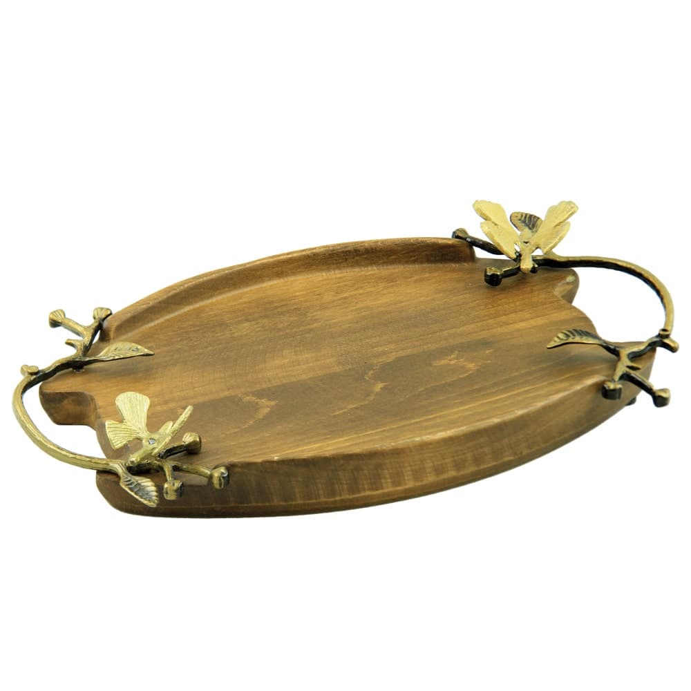سینی پذیرایی چوبی بیضی کوچک مدل دسته فلزی کد G-062